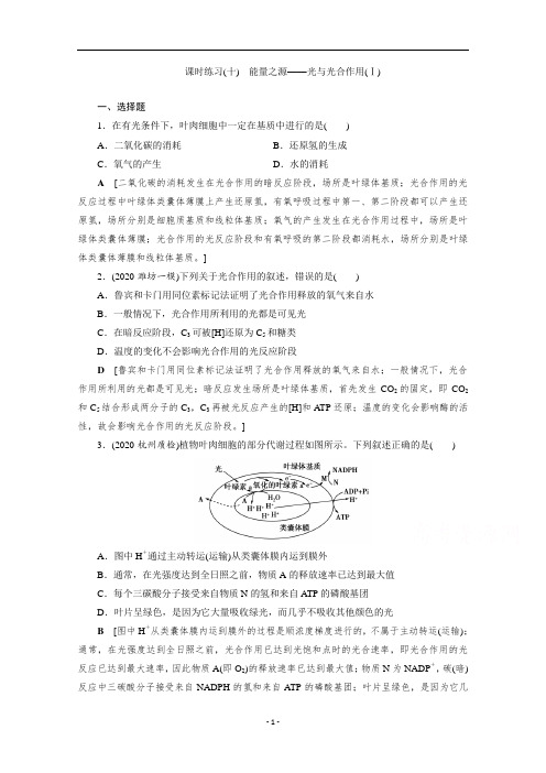 2021年高考生物一轮总复习课时练习(十) 能量之源——光与光合作用(Ⅰ)