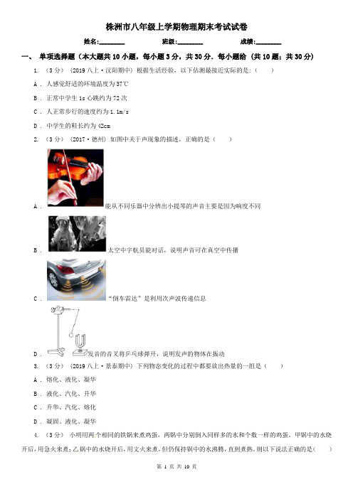 株洲市八年级上学期物理期末考试试卷