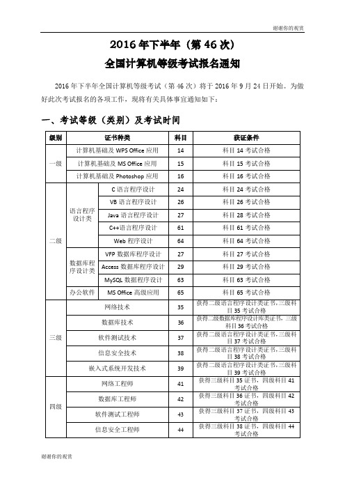 2016年下半年全国计算机等级考试报名通知.doc