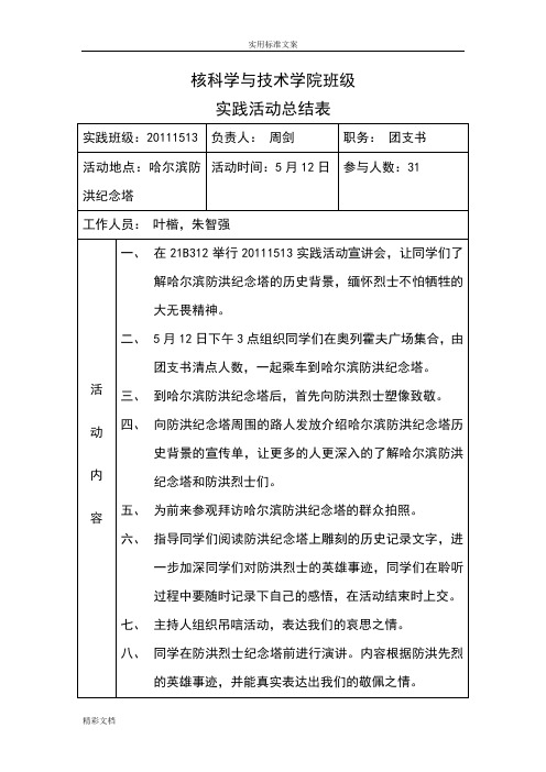 班级实践精彩活动参观防洪纪念塔地地总结表