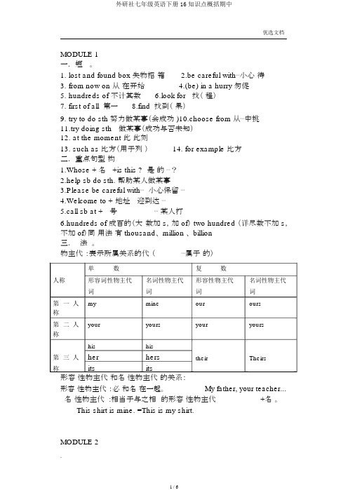 外研社七年级英语下册16知识点归纳期中
