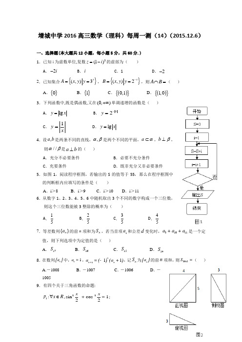 广东省广州市增城中学2016届高三上学期理科数学周测试卷14Word版含答案