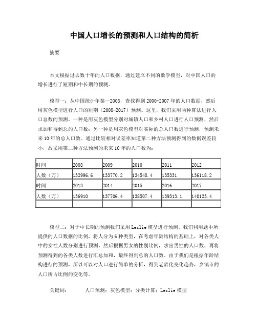 数学建模之中国人口增长的预测和人口结构的简析