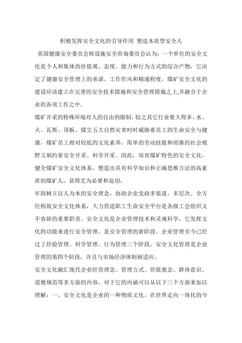 积极发挥安全文化的引导作用 塑造本质型安全人
