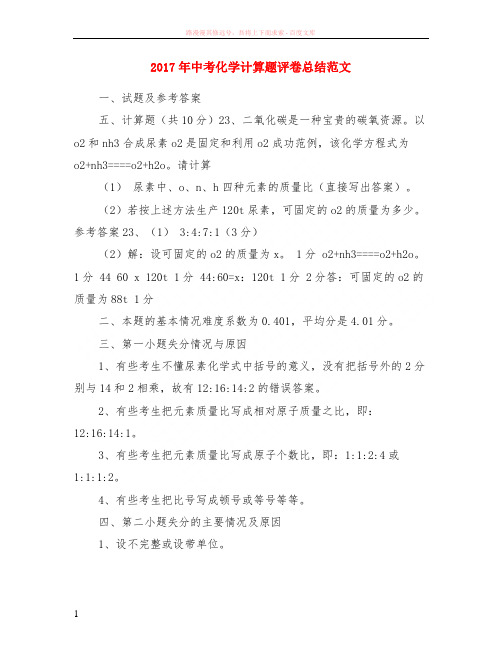 2017年中考化学计算题评卷总结范文
