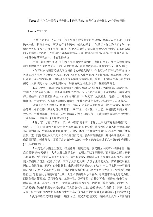 【2021高考作文全国卷1满分作文】最新精编：高考作文满分作文20个经典语段