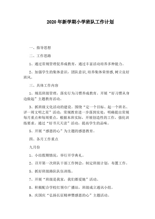 2020年新学期小学班队工作计划
