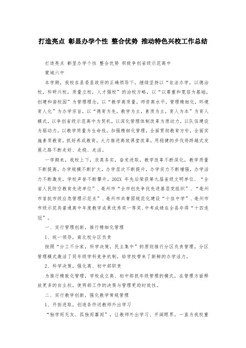 打造亮点 彰显办学个性 整合优势 推动特色兴校工作总结