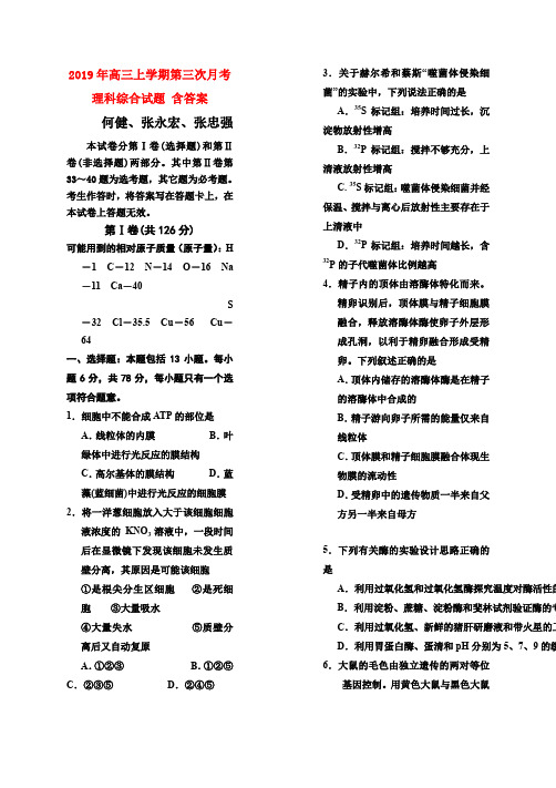2019年高三上学期第三次月考理科综合试题 含答案