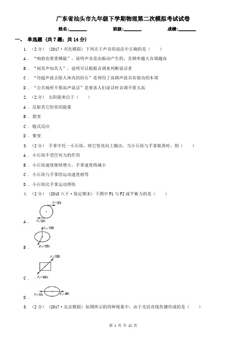 广东省汕头市九年级下学期物理第二次模拟考试试卷