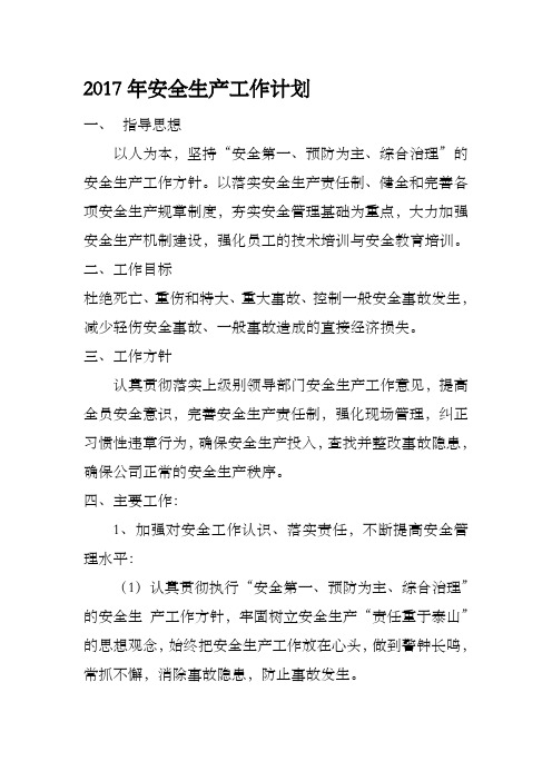 2017年安全生产工作计划