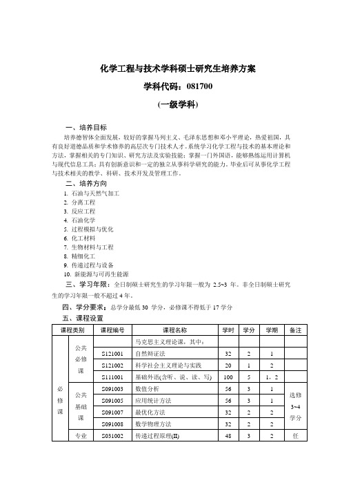 化学工程与技术学科硕士研究生培养方案