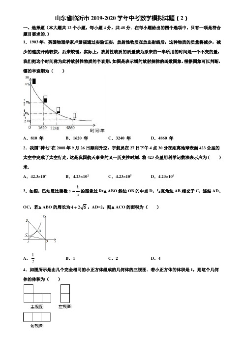 山东省临沂市2019-2020学年中考数学模拟试题(2)含解析