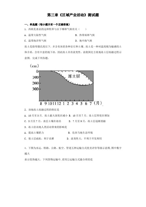 湘教版地理必修二第三章《区域产业活动》测试题(含答案)