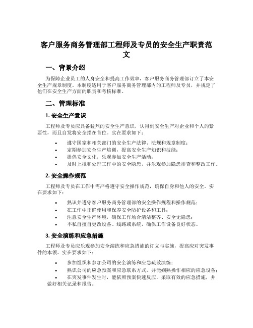 客户服务商务管理部工程师及专员的安全生产职责范文