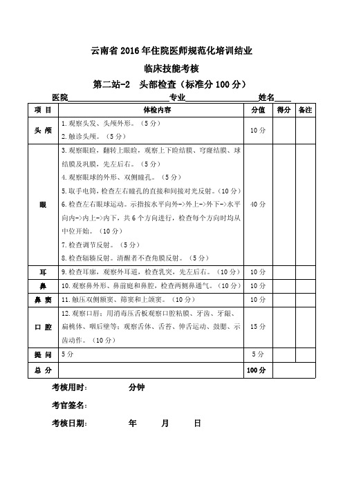 住院医师规培考试结业：体格检查-2-头部检查考核评分标准