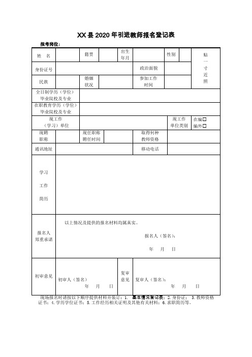 县2020年引进教师报名登记表【模板】