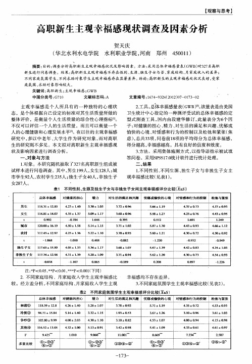高职新生主观幸福感现状调查及因素分析