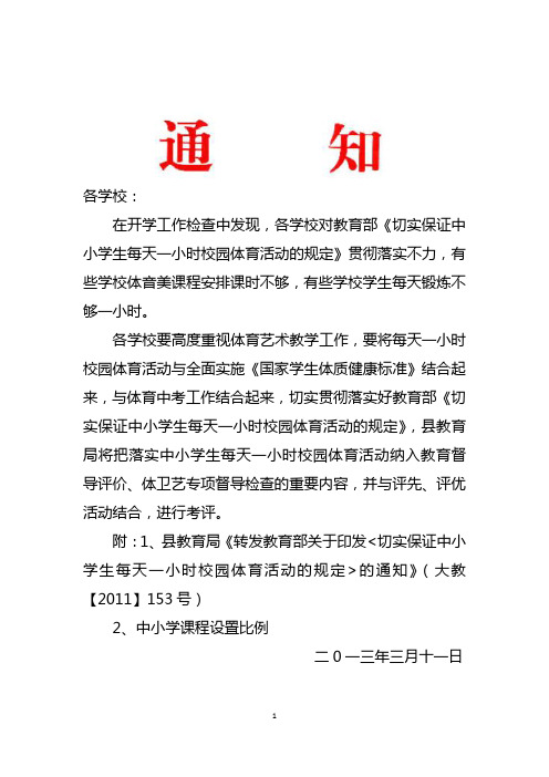 关于落实中小学生每天一小时校园体育活动的规定的通知