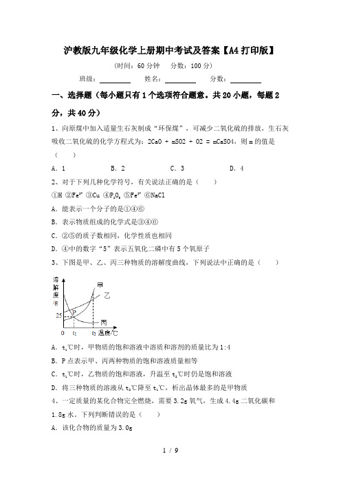 沪教版九年级化学上册期中考试及答案【A4打印版】