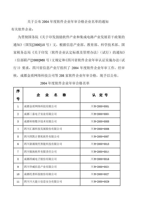 关于公布2004年度软件企业年审合格企业名单的通知