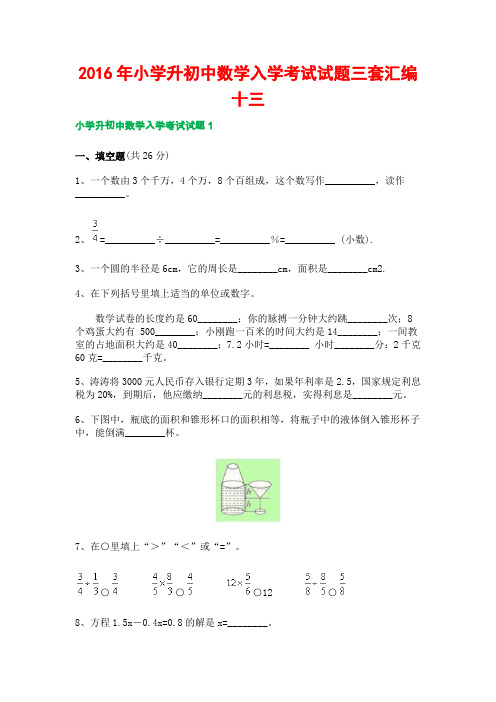 2016年小学升初中数学入学考试试题三套汇编十三