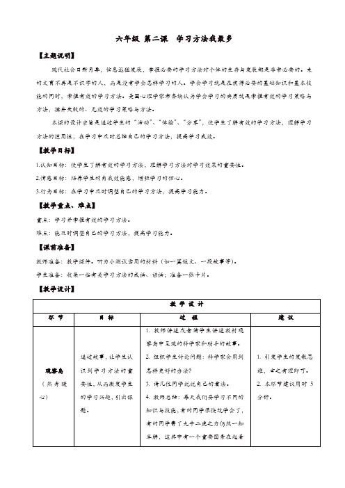 通用版小学生心理健康教育-六年级教案：第二课_学习方法我最多_教师用书【精品】