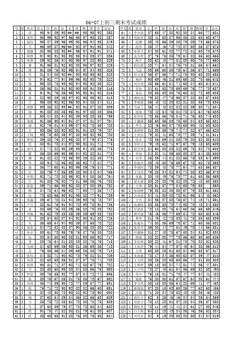 06-07上学期初三期末考试成绩