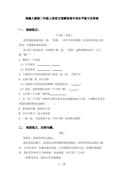 部编人教版二年级上册语文理解阅读专项水平练习及答案