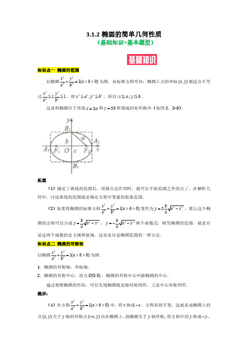 312 椭圆的简单几何性质(基础知识+基本题型)(含解析)2022高二数学(选择性必修第一册)