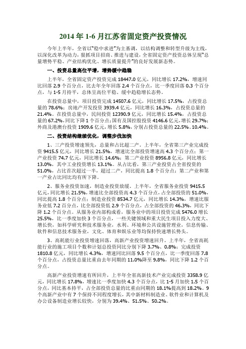 2014年1-6月江苏省固定资产投资情况