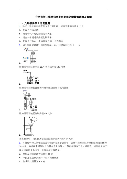 合肥市初三化学化学初三化学上册期末化学模拟试题及答案