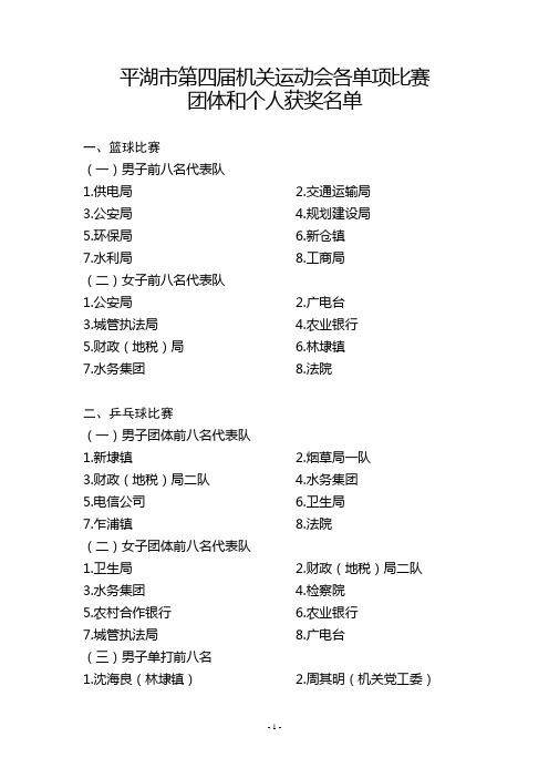 平湖市第四届机关运动会各单项比赛团体和个人获奖名单doc