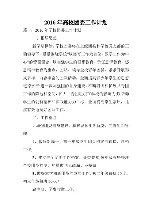 2016年高校团委工作计划.doc