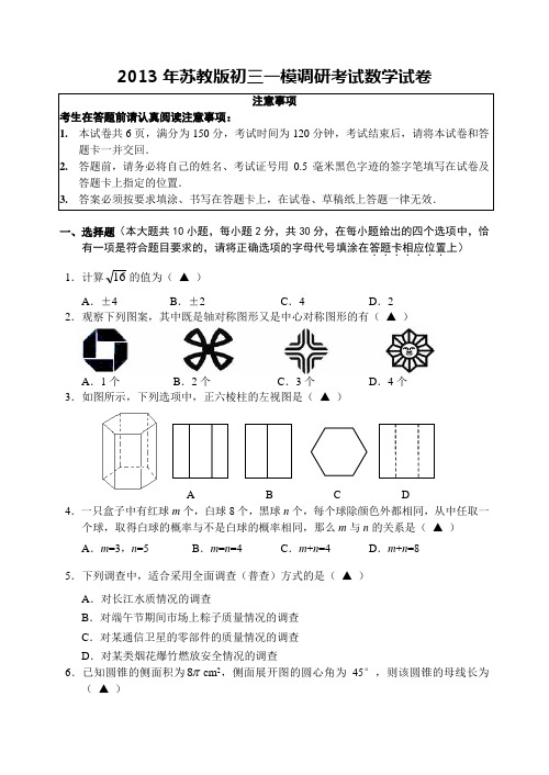 2013年苏教版初三一模调研数学考试试卷(附答案)