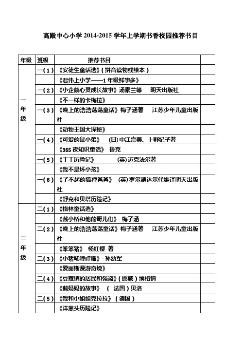 2014-2015各年级推荐书目