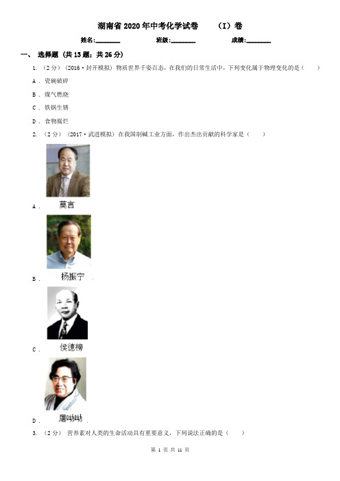 湖南省2020年中考化学试卷    (I)卷