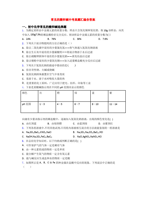 常见的酸和碱中考真题汇编含答案