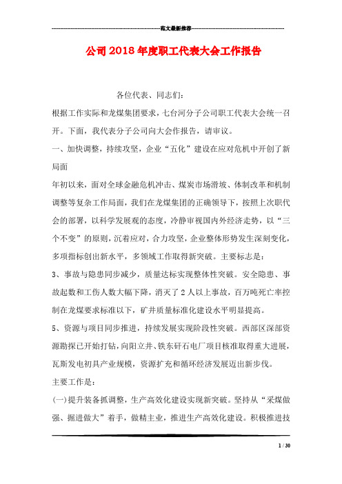 公司2018年度职工代表大会工作报告