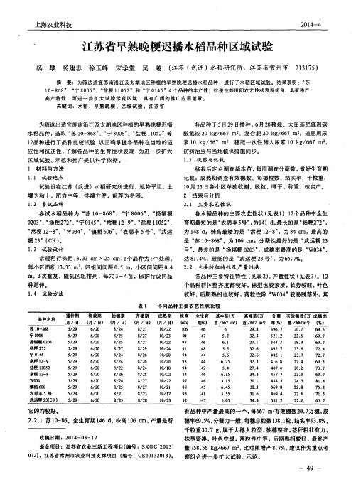江苏省早熟晚粳迟播水稻品种区域试验