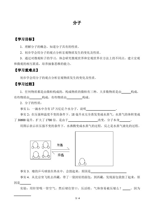 京改版九年级化学上册：3.3 分子  学案(无答案)