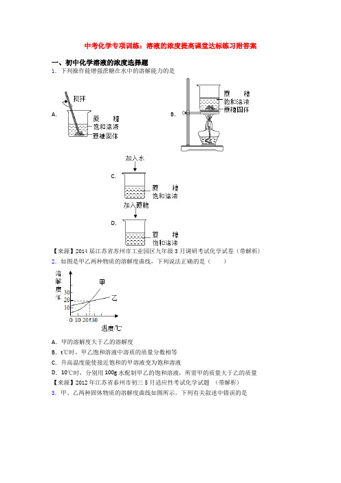 中考化学专项训练：溶液的浓度提高课堂达标练习附答案