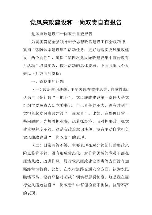 党风廉政建设和一岗双责自查报告