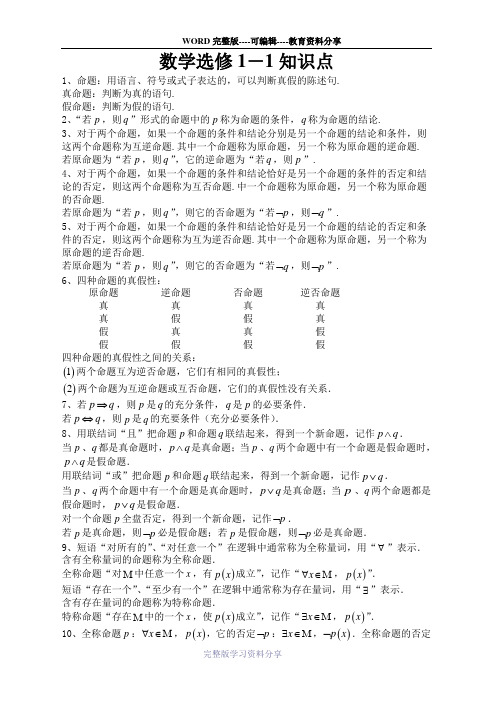 高中文科数学选修1-1知识点总结及配套的3套试题和答案