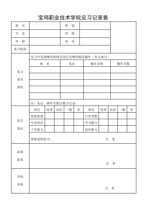 宝鸡职业技术学院见习记录表