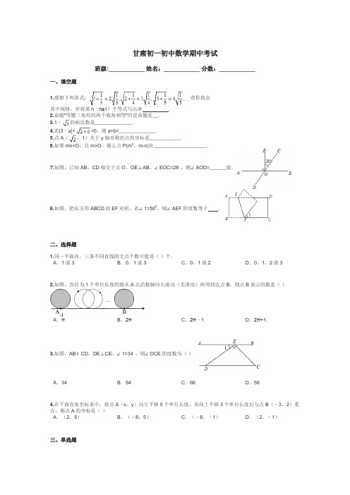 甘肃初一初中数学期中考试带答案解析
