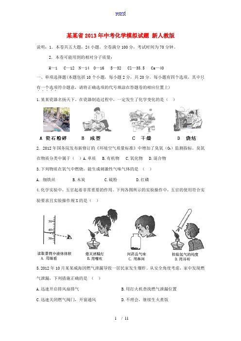 江西省2013年中考化学模拟试题 新人教版