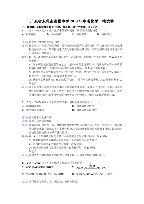 【解析版】广东省东莞市湖景中学2013年中考化学一模试卷