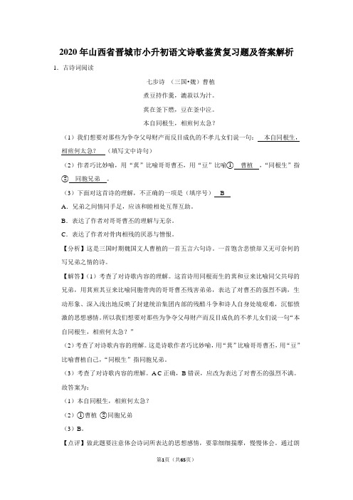2020年山西省晋城市小升初语文诗歌鉴赏复习题及答案解析