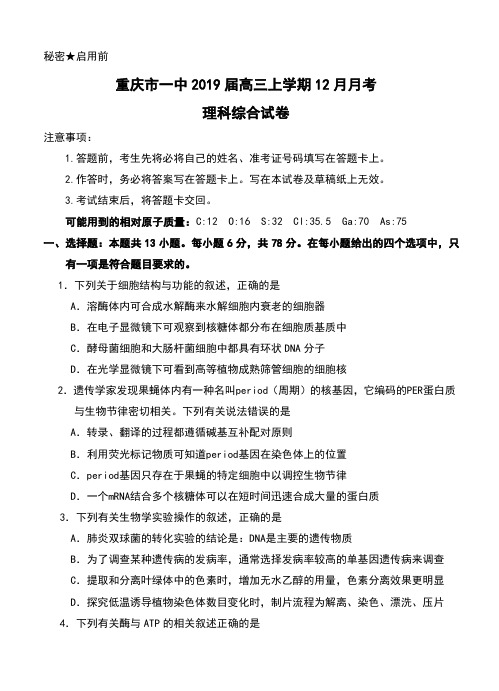 重庆市一中2019届高三上学期12月月考理科综合试卷及答案